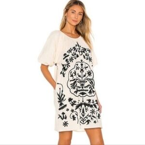NWT Free People ivory and black heavily embroidered puff sleeve dress